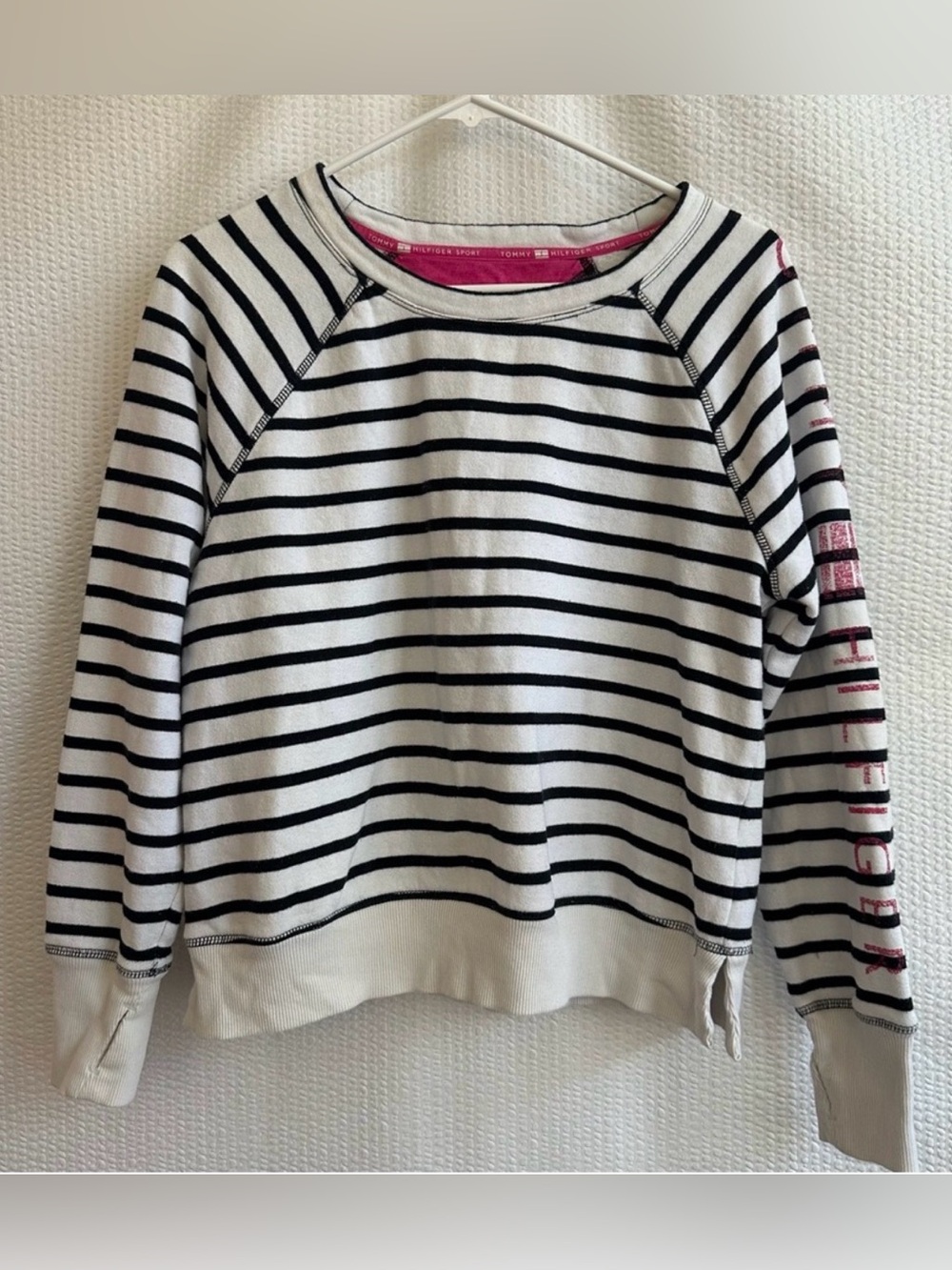 TOMMY HILFIGER SPORT Black White Striped Sweatshirt Women’s Medium Crewneck